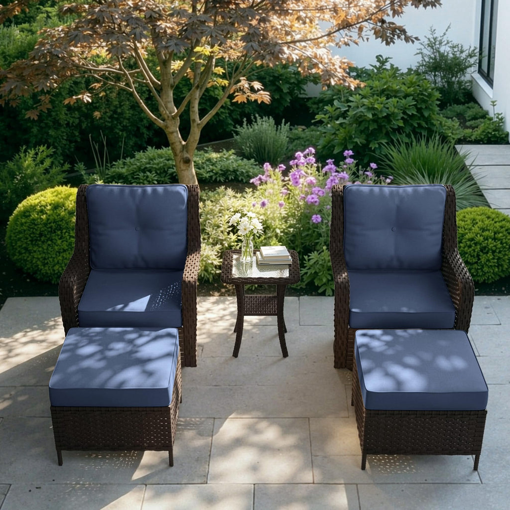 3-Piece Rattan Rockers , Wicker Swivel Rocking Chair Set with Glass Top Coffee Table, 360° Rotation (Navy Blue)