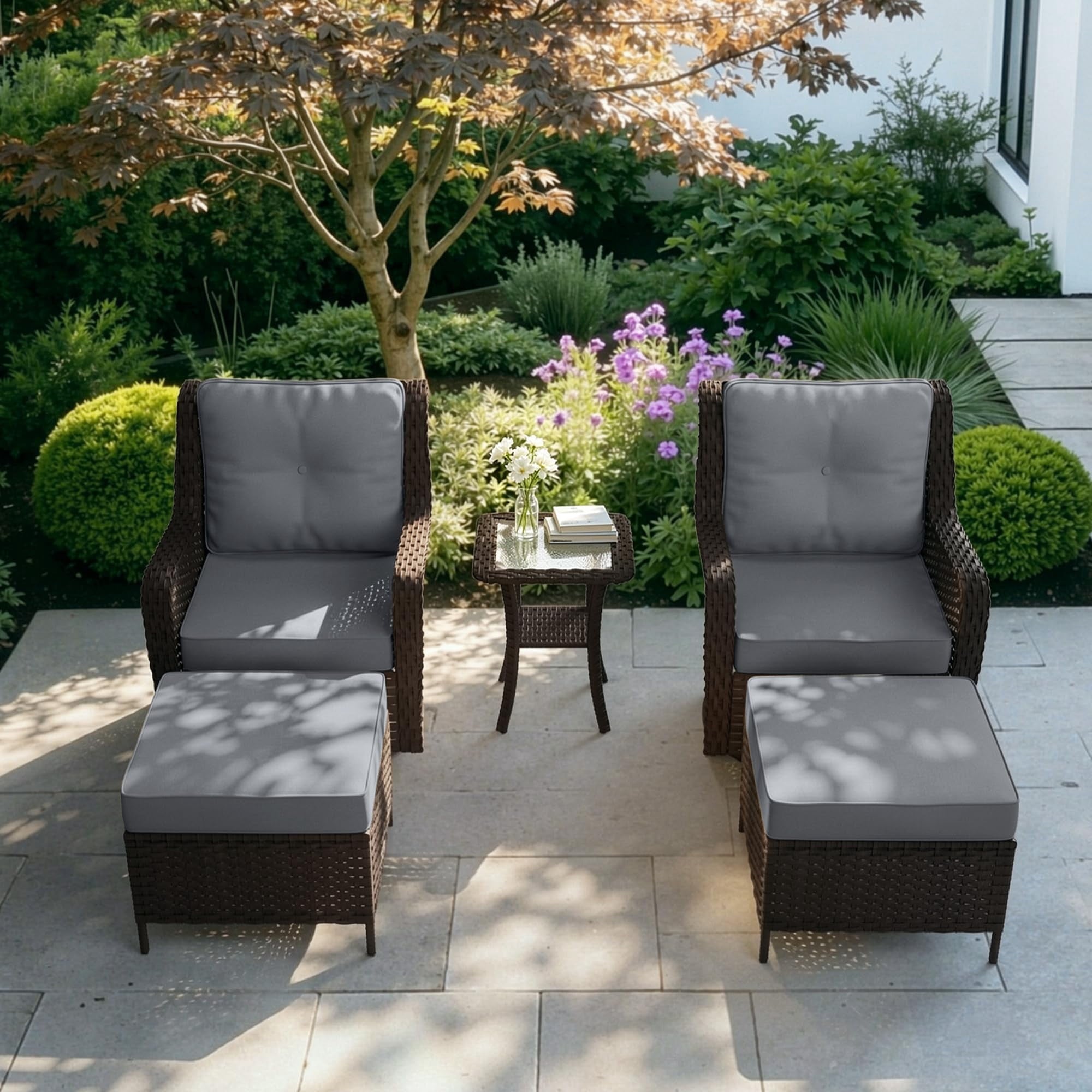 3-Piece Rattan Rockers , Wicker Swivel Rocking Chair Set with Glass Top Coffee Table, 360° Rotation (Navy Blue)