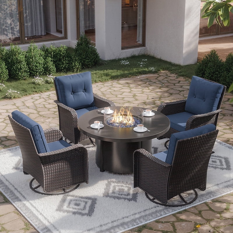 3-Piece Rattan Rockers , Wicker Swivel Rocking Chair Set with Glass Top Coffee Table, 360° Rotation (Navy Blue)