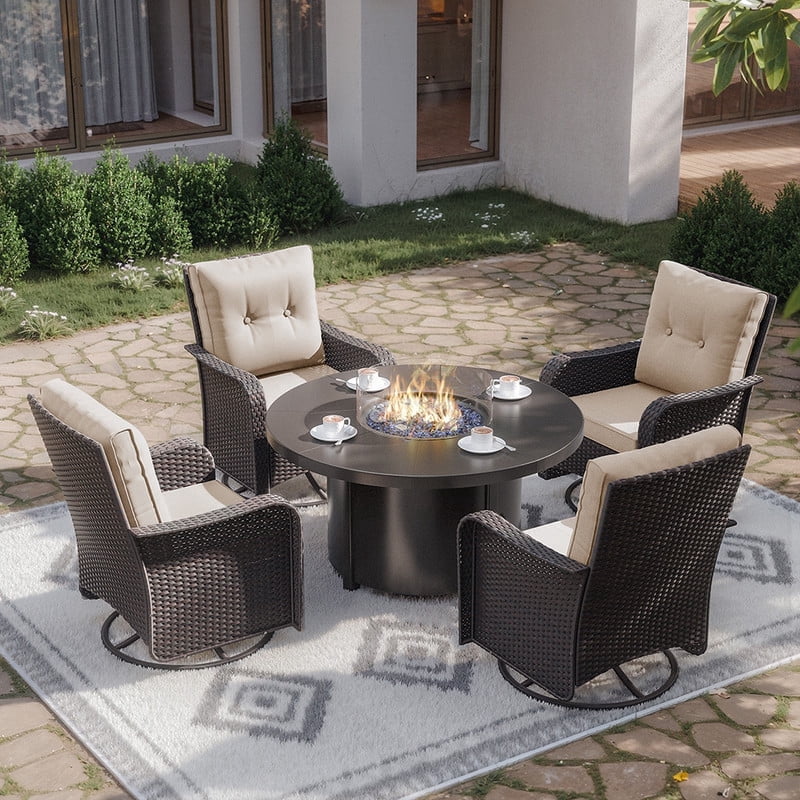 3-Piece Rattan Rockers , Wicker Swivel Rocking Chair Set with Glass Top Coffee Table, 360° Rotation (Navy Blue)
