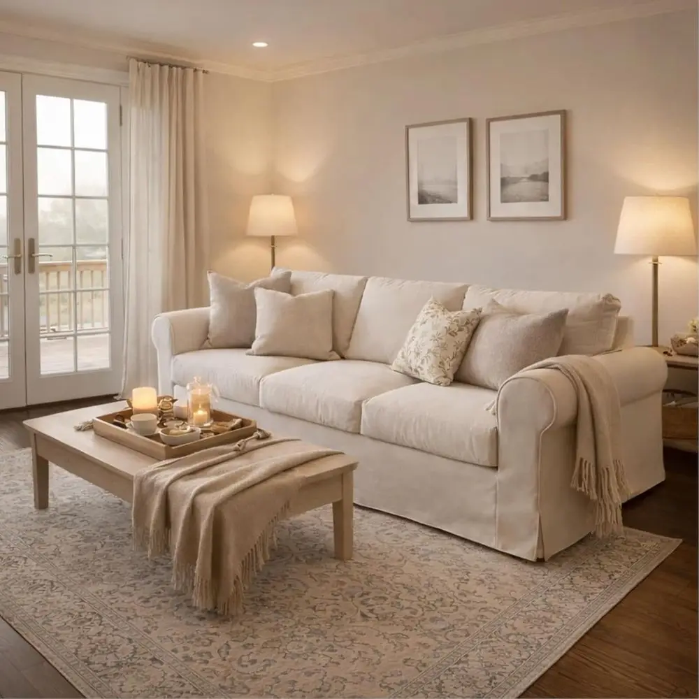 Beige 3-Seater Deep Seat Sofa with High Back Support & Removable Washable Covers