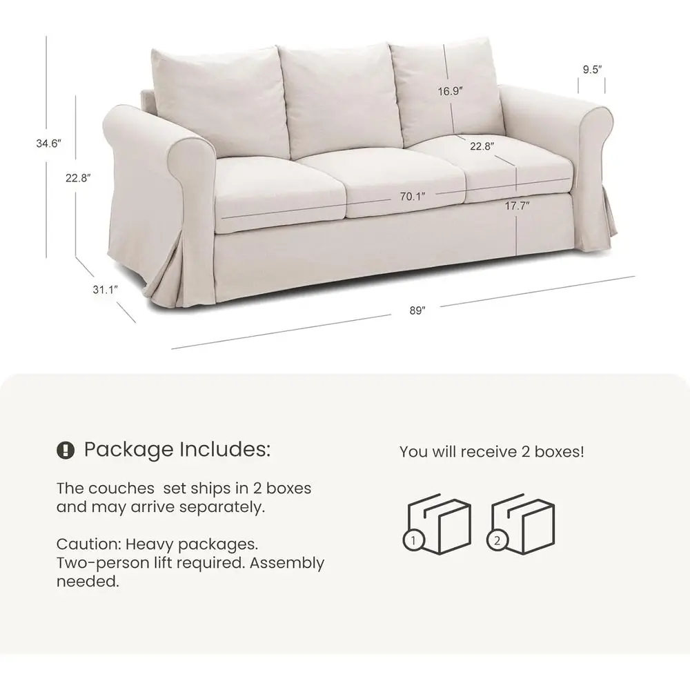 Beige 3-Seater Deep Seat Sofa with High Back Support & Removable Washable Covers