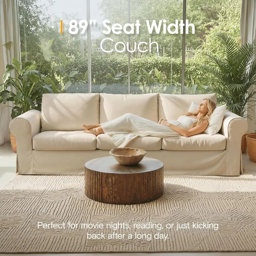 Beige 3-Seater Deep Seat Sofa with High Back Support & Removable Washable Covers