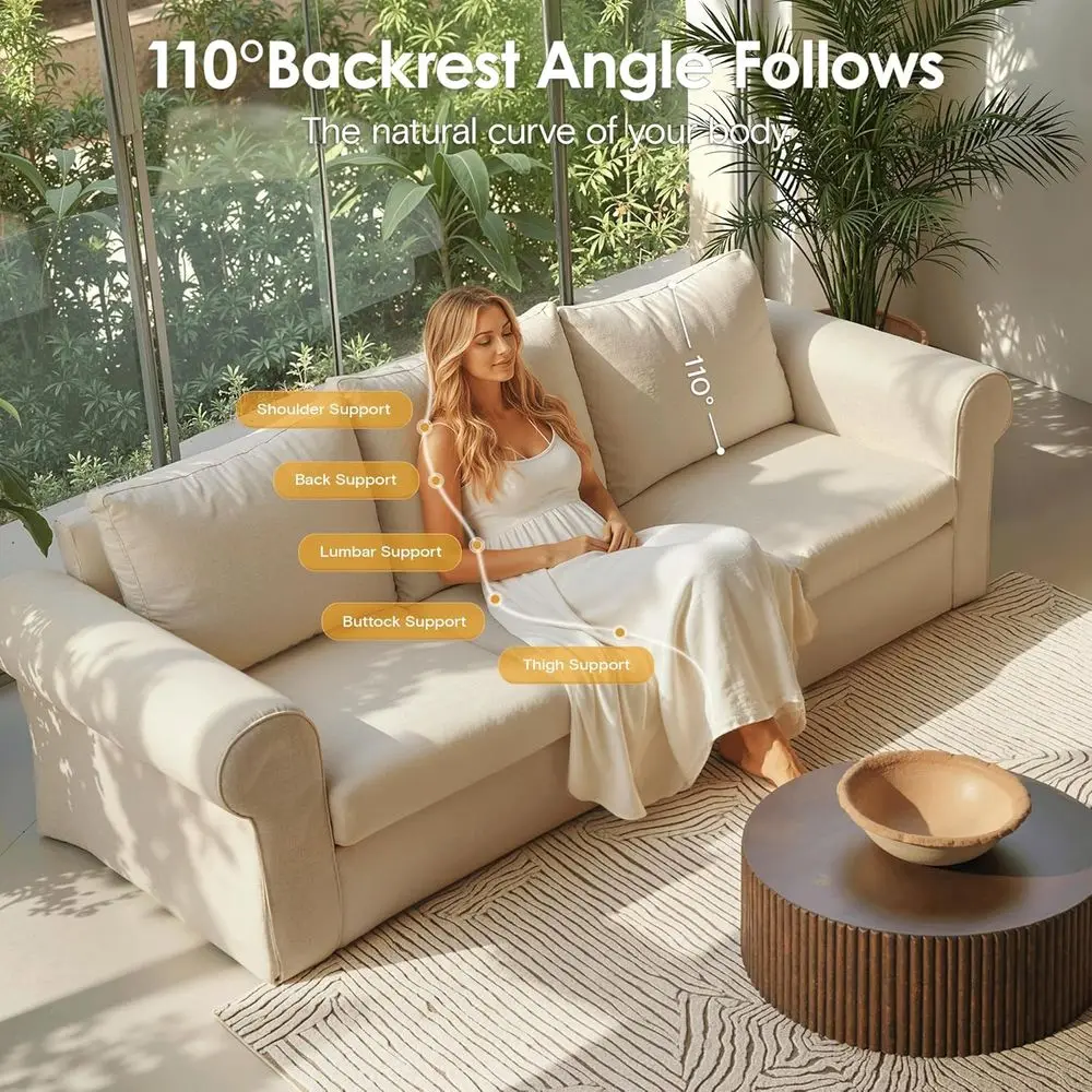 Beige 3-Seater Deep Seat Sofa with High Back Support & Removable Washable Covers