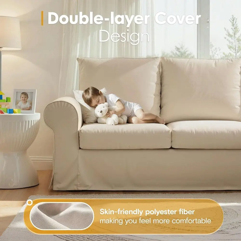 Beige 3-Seater Deep Seat Sofa with High Back Support & Removable Washable Covers