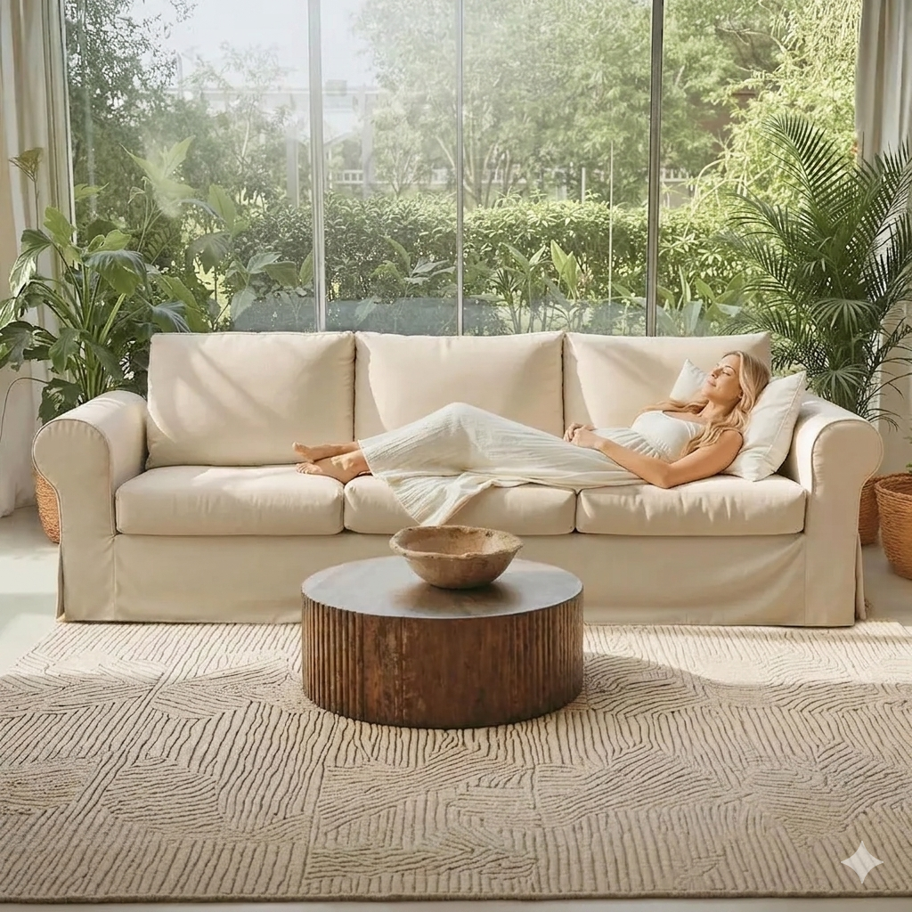 Beige 3-Seater Deep Seat Sofa with High Back Support & Removable Washable Covers