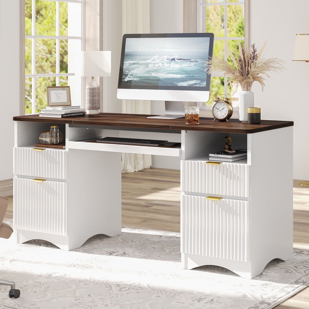59" Home Office Computer Desk with Keyboard Tray and Storage Drawers, Modern Executive Desk for Writing Reading, Oak