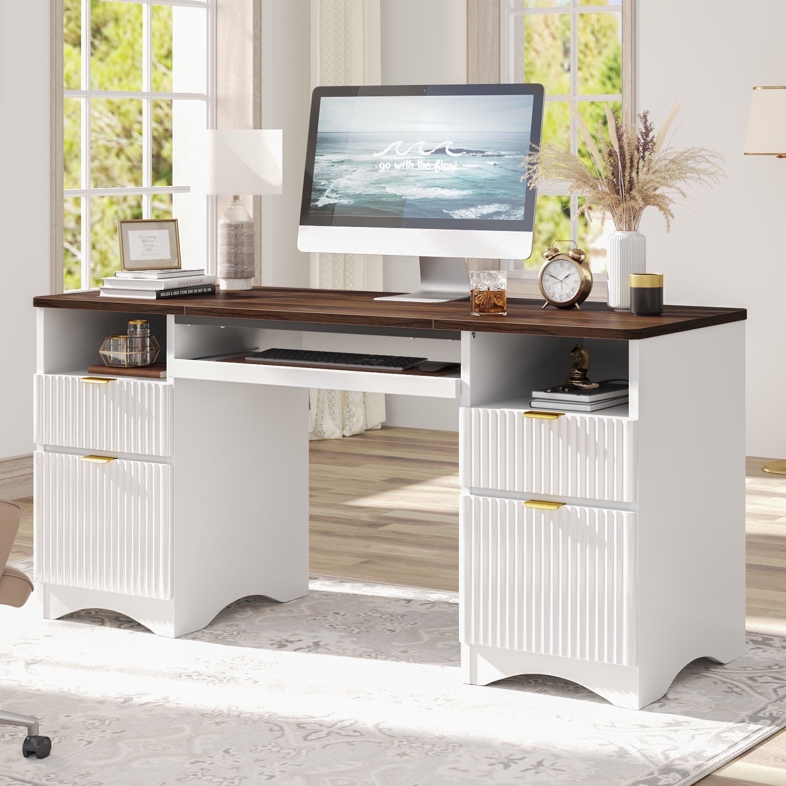59" Home Office Computer Desk with Keyboard Tray and Storage Drawers, Modern Executive Desk for Writing Reading, Oak