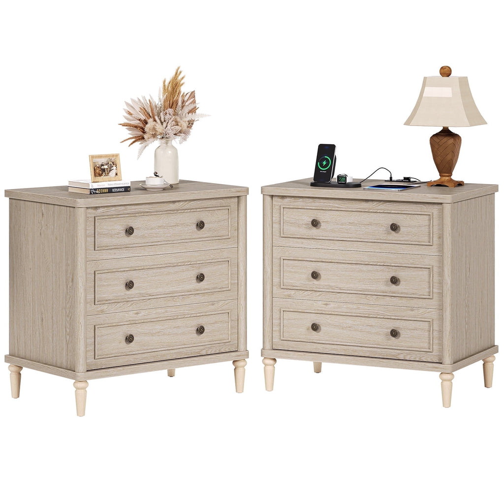 Farmhouse Nightstand Set of 2 with 3 Drawers, Wood Bedside Table Night Stand with Charging Station, Sofa Side End Table for Bedroom, Living Room, Oak