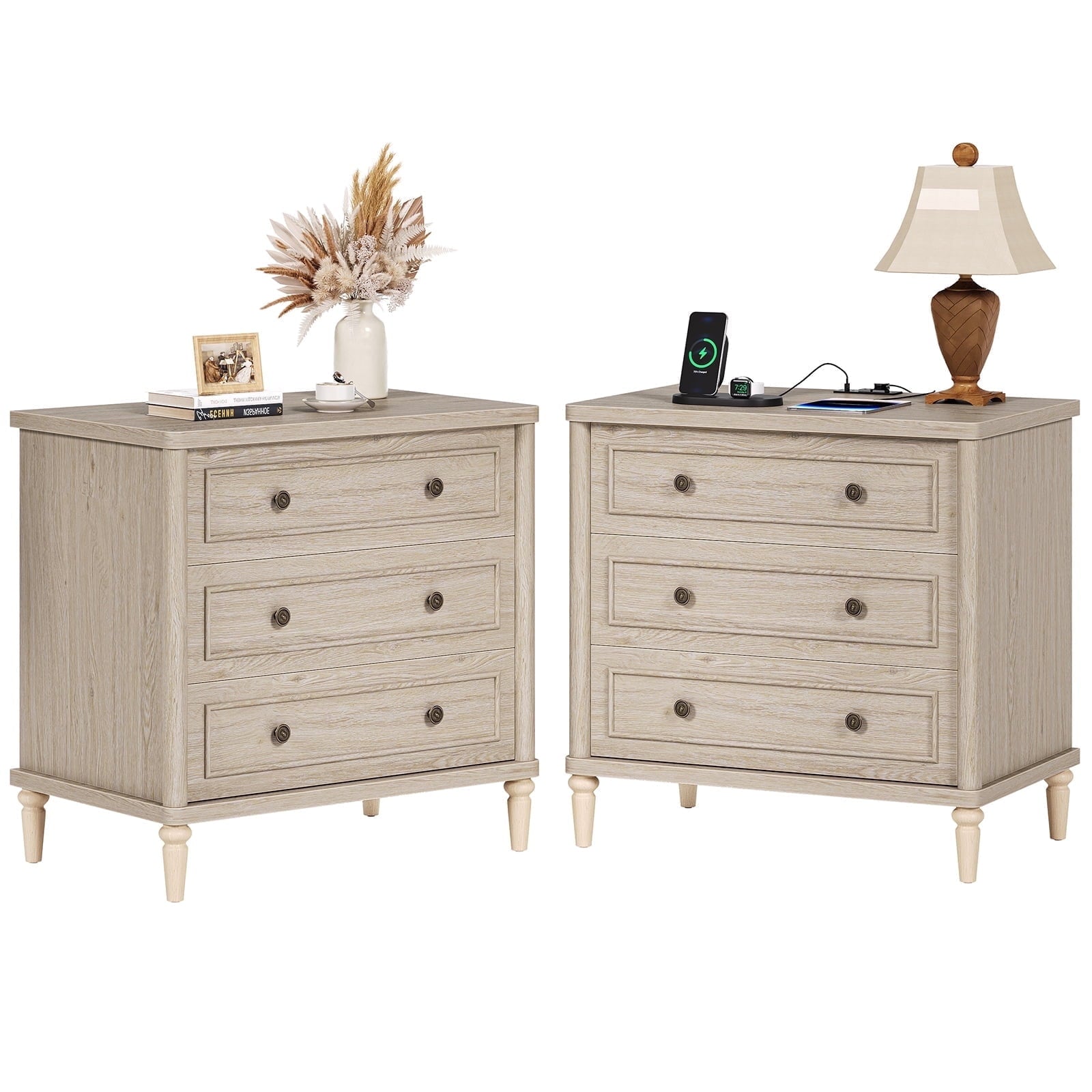Farmhouse Nightstand Set of 2 with 3 Drawers, Wood Bedside Table Night Stand with Charging Station, Sofa Side End Table for Bedroom, Living Room, Oak
