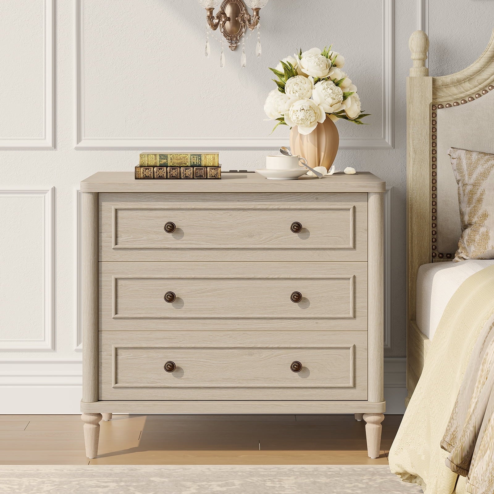 Farmhouse Nightstand Set of 2 with 3 Drawers, Wood Bedside Table Night Stand with Charging Station, Sofa Side End Table for Bedroom, Living Room, Oak