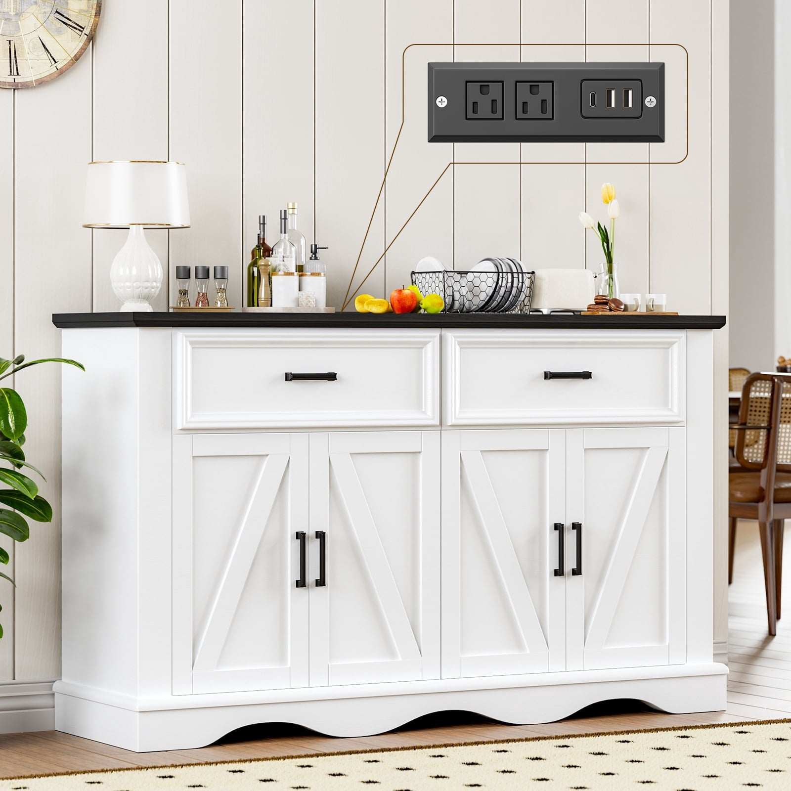 Buffet Cabinet with Drawers, 56" Large Sideboard Buffet Storage Cabinet with Shelves and Doors, Wave Base Design, Multi-Purpose Buffet Table with Charging Station for Living Room,Dining Room,White