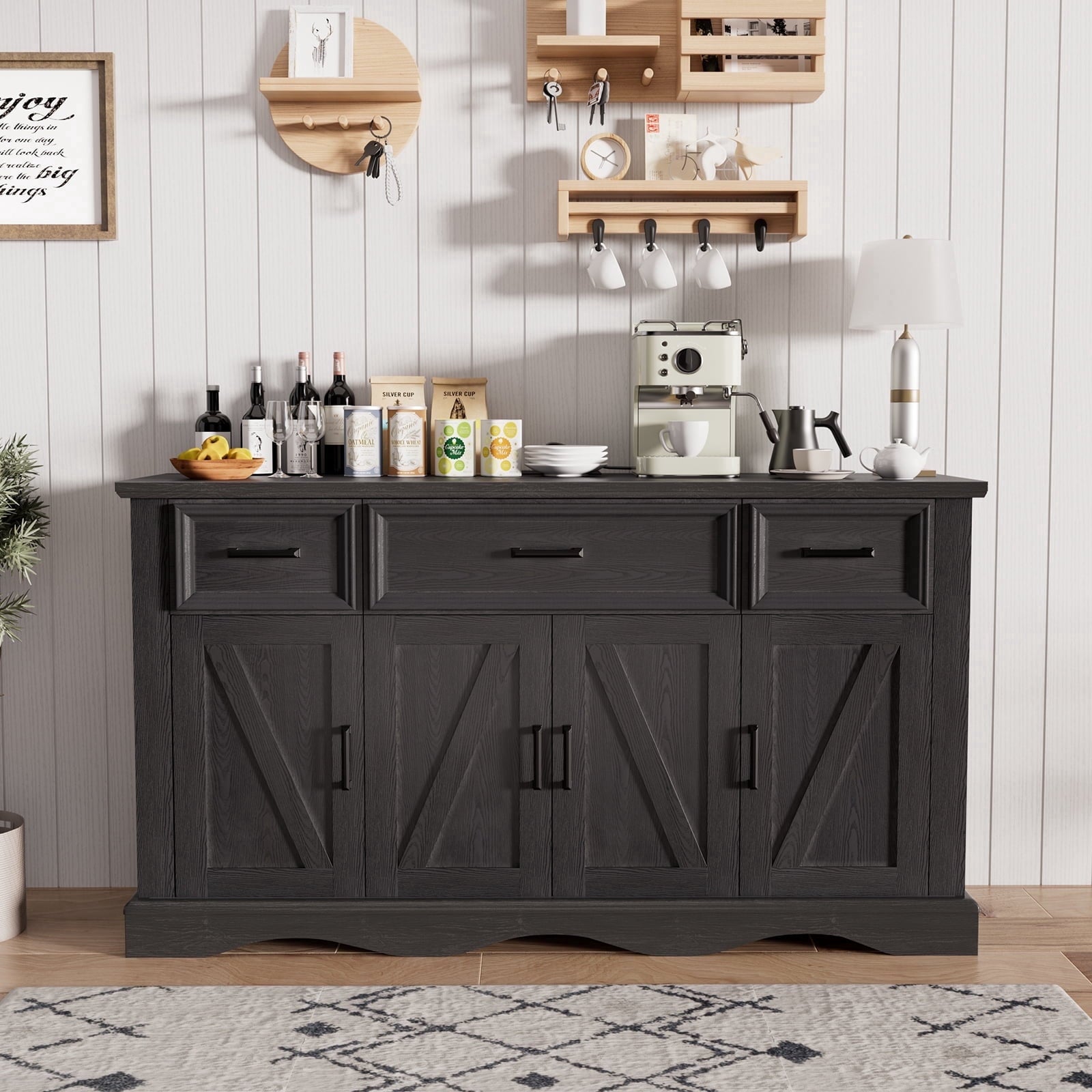 Buffet Cabinet with Drawers, 56" Large Sideboard Buffet Storage Cabinet with Shelves and Doors, Wave Base Design, Multi-Purpose Buffet Table with Charging Station for Living Room,Dining Room,White