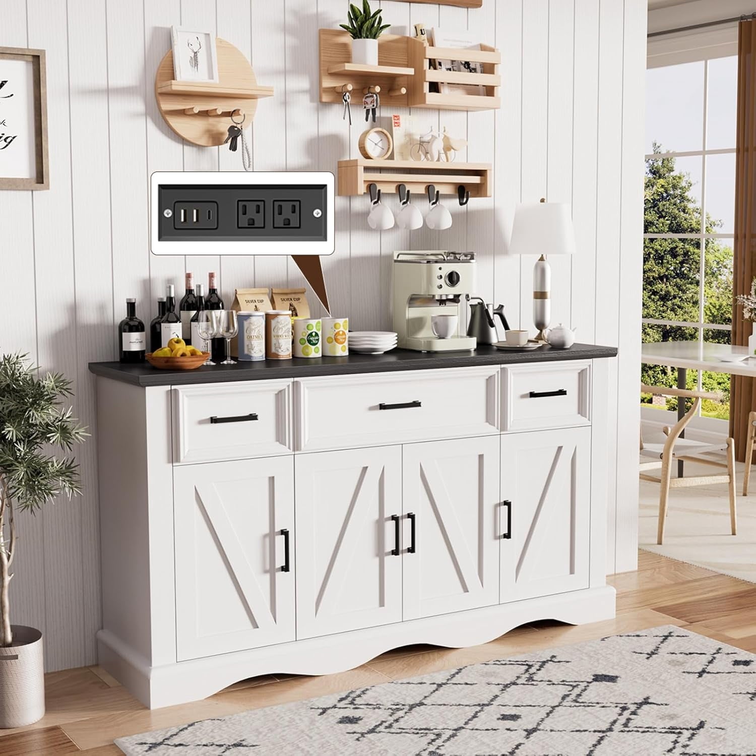 Buffet Cabinet with Drawers, 56" Large Sideboard Buffet Storage Cabinet with Shelves and Doors, Wave Base Design, Multi-Purpose Buffet Table with Charging Station for Living Room,Dining Room,White