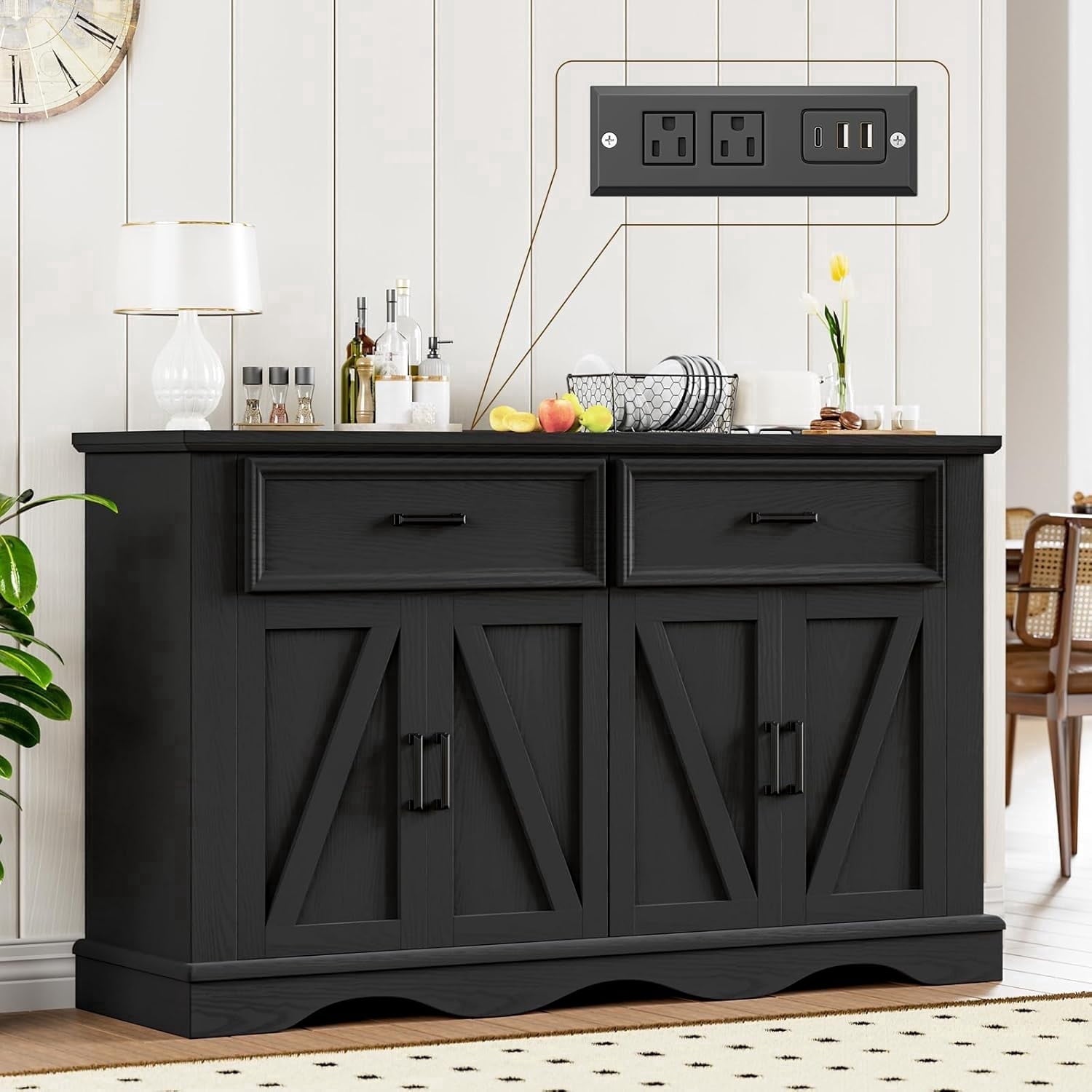 Buffet Cabinet with Drawers, 56" Large Sideboard Buffet Storage Cabinet with Shelves and Doors, Wave Base Design, Multi-Purpose Buffet Table with Charging Station for Living Room,Dining Room,White