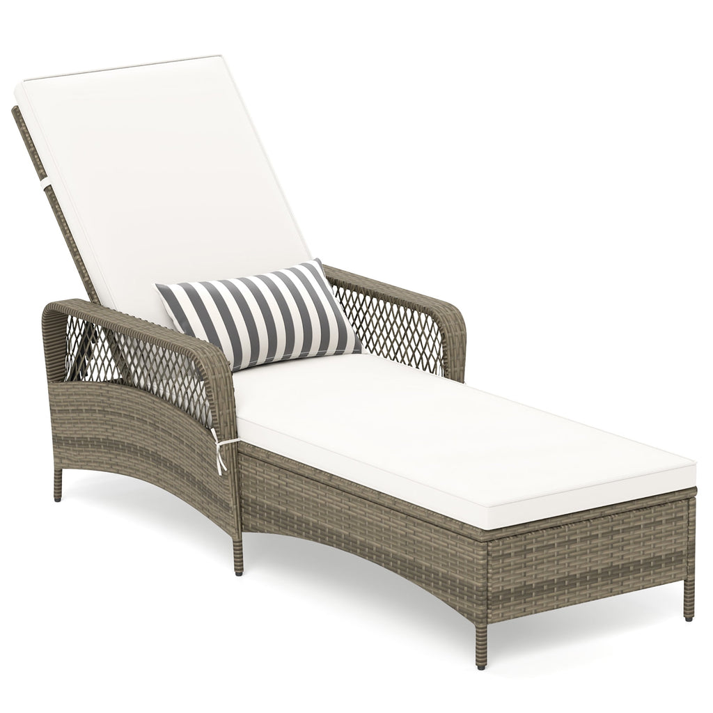 PE Wicker Chaise Lounge Chair 6-Position Adjustable Patio Recliner W/ Soft Cushions