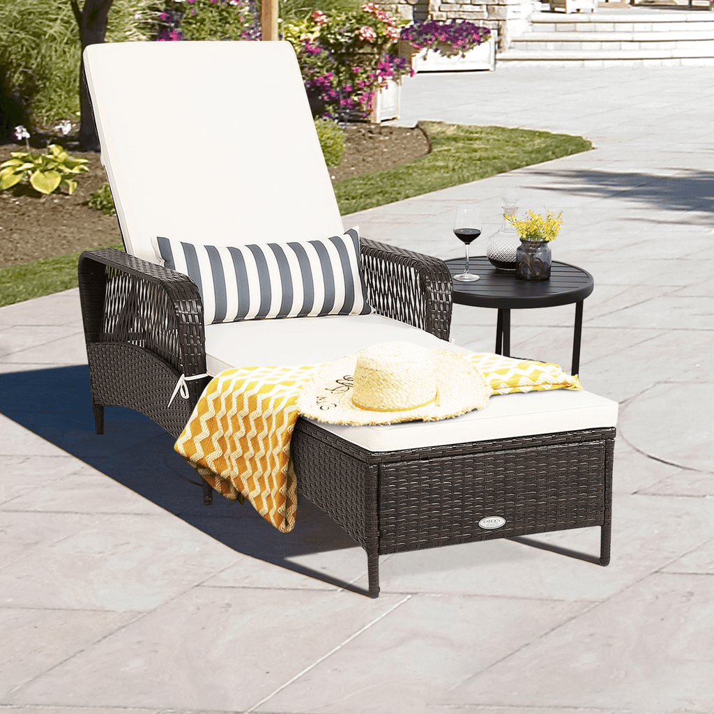 Rattan Patio Lounge Chair Chaise W/ Adjustable Backrest Cushion & Pillow