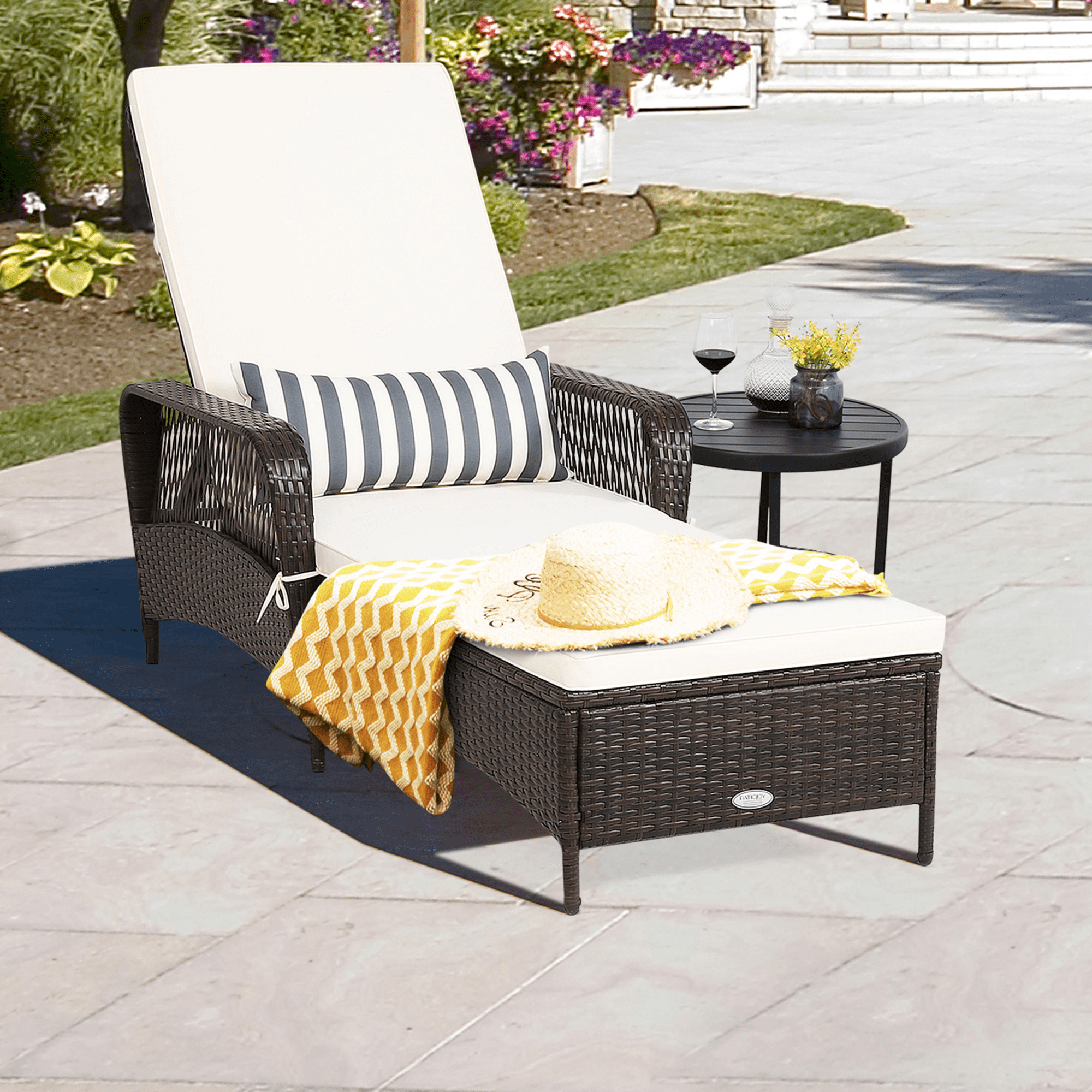 Rattan Patio Lounge Chair Chaise W/ Adjustable Backrest Cushion & Pillow