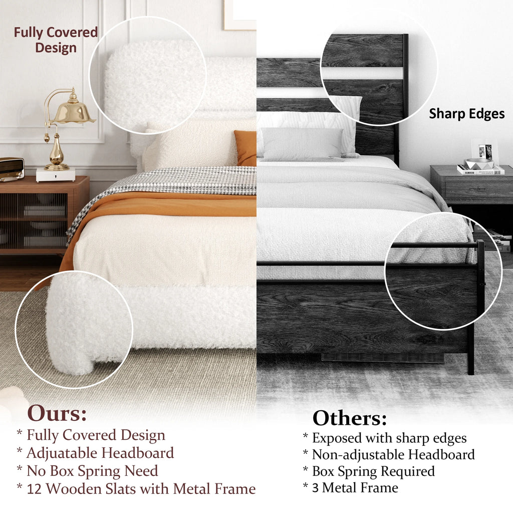 Modern Boucle Platform Bed Frame – Luxury Upholstered Low Profile Bed with Headboard