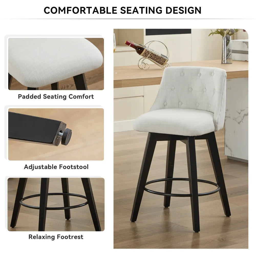 Modern Style Bar Stool Set of 2 with Black Wood Legs – Upholstered Linen Dining Chairs