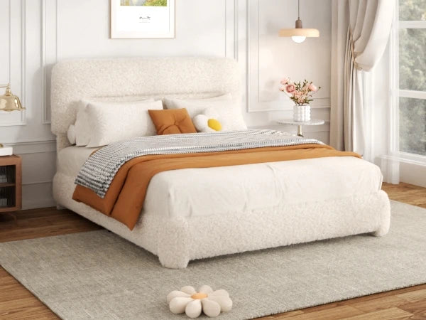 Modern Boucle Platform Bed Frame – Luxury Upholstered Low Profile Bed with Headboard