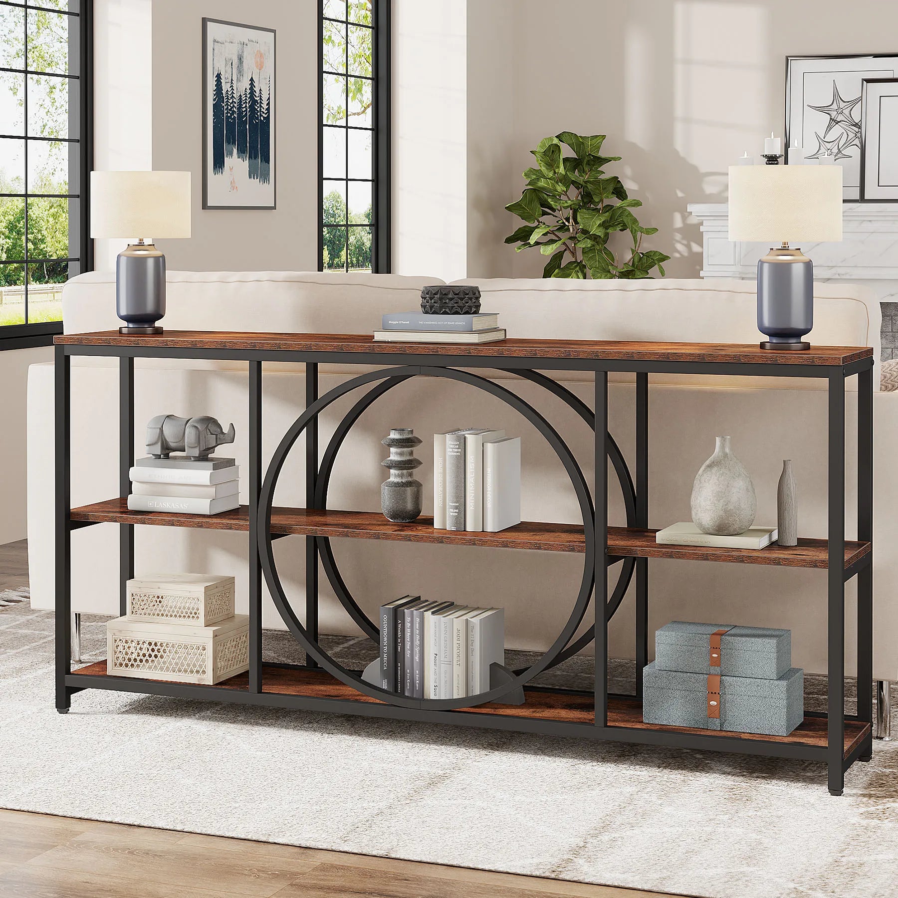 70.9-Inch Extra Long Console Table with 3-Tier Storage Shelves – Farmhouse Entryway & Sofa Table