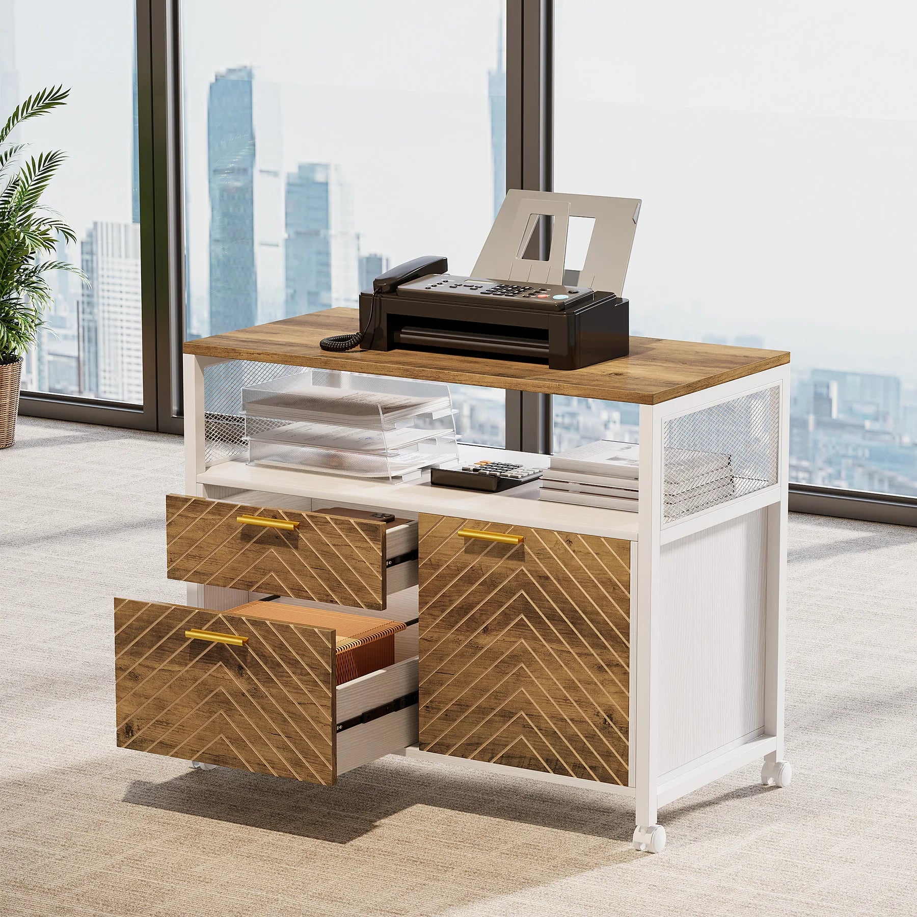 63-Inch L-Shaped Executive Desk with File Cabinet – Modern Home Office Furniture Set