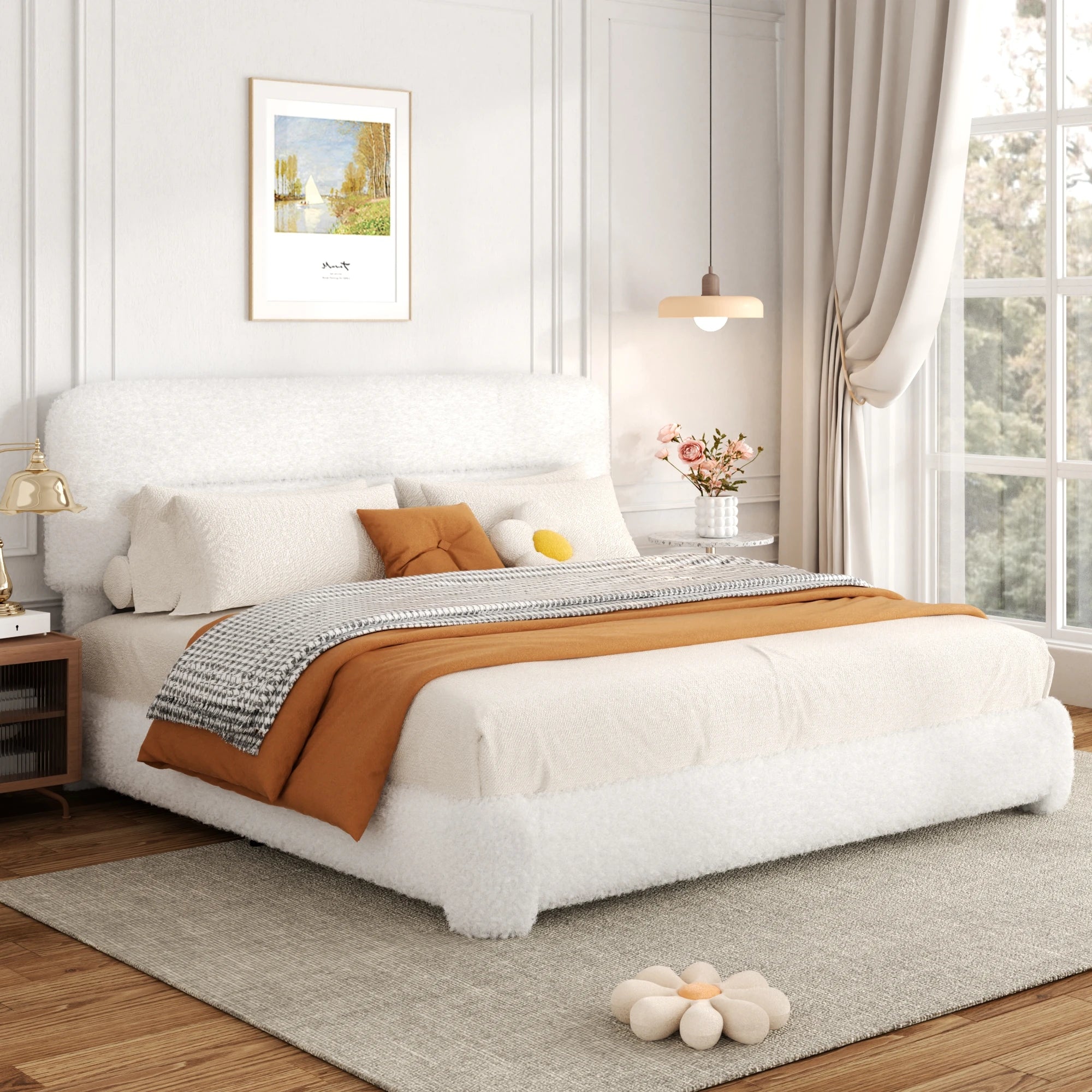 Modern Boucle Platform Bed Frame – Luxury Upholstered Low Profile Bed with Headboard