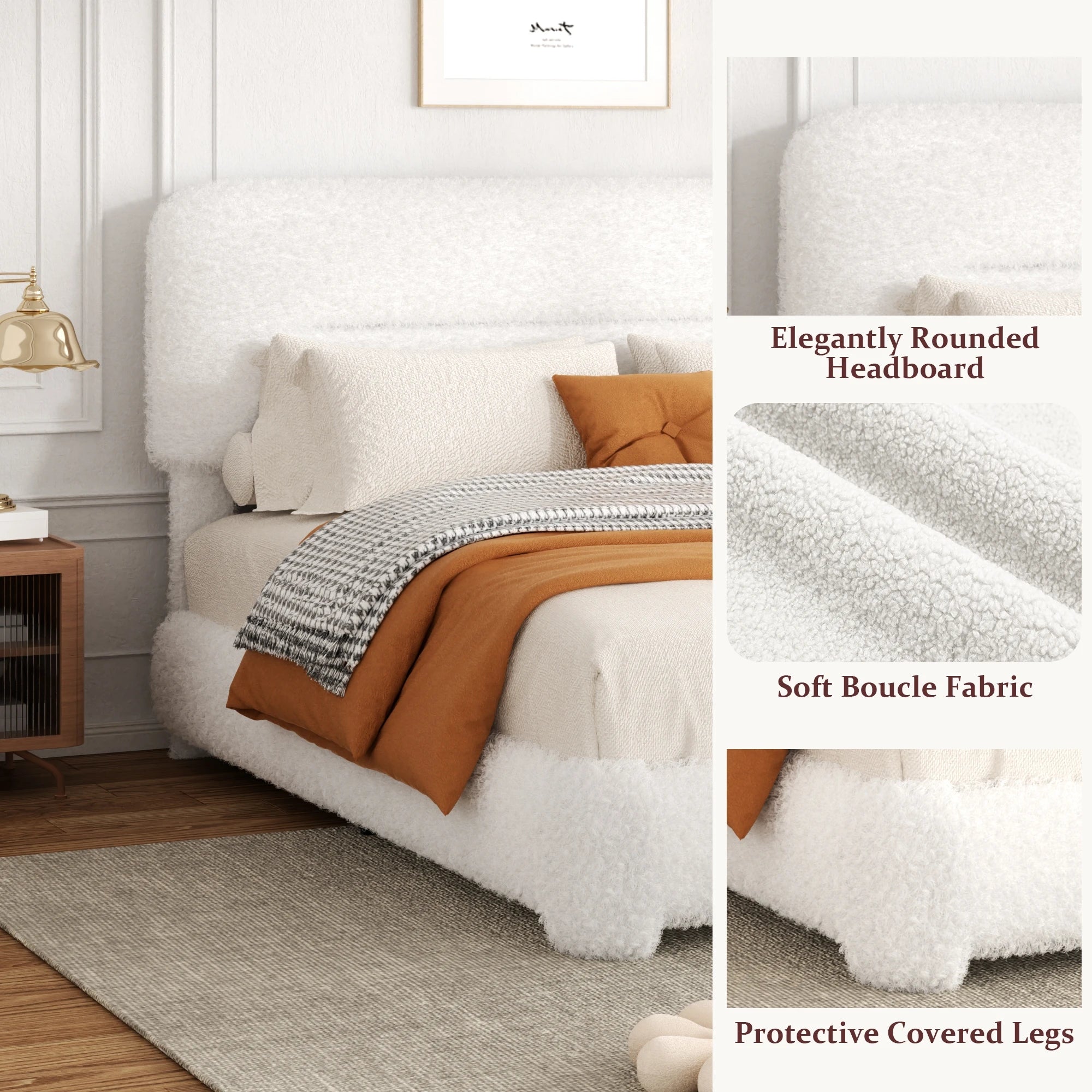 Modern Boucle Platform Bed Frame – Luxury Upholstered Low Profile Bed with Headboard