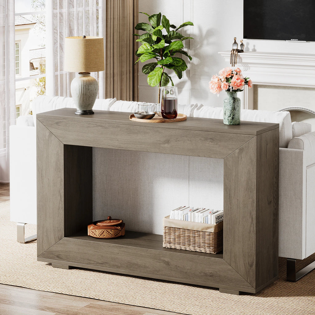 Rustic Industrial Horn Round Console Table with Storage – Handmade Entryway Sofa Table