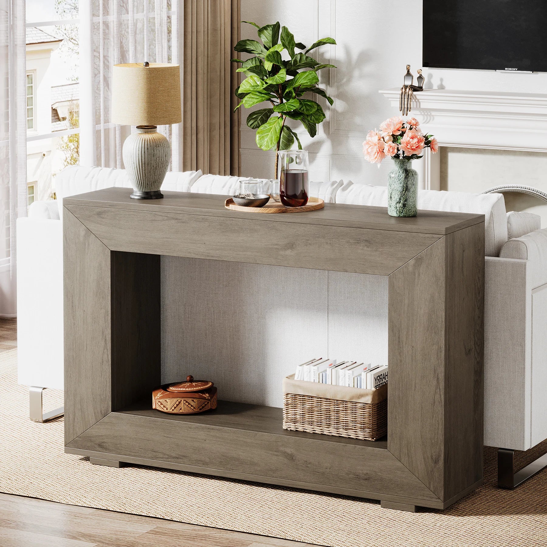 Rustic Industrial Horn Round Console Table with Storage – Handmade Entryway Sofa Table