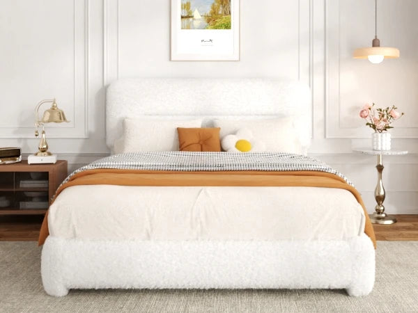 Modern Boucle Platform Bed Frame – Luxury Upholstered Low Profile Bed with Headboard