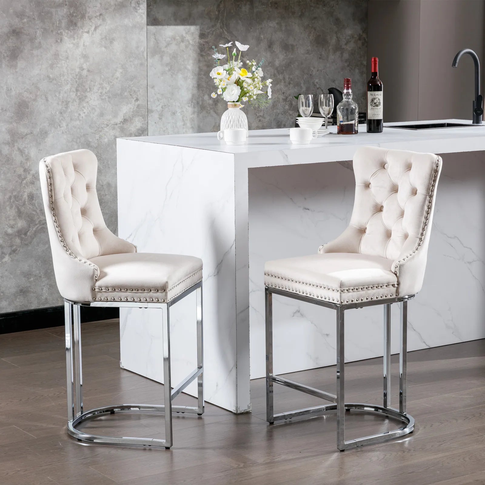 [USA Warehouse] Modern Velvet Counter Height Bar Stools Set of 2 Home Furniture Domestic US Shipping MOQ:1 Set