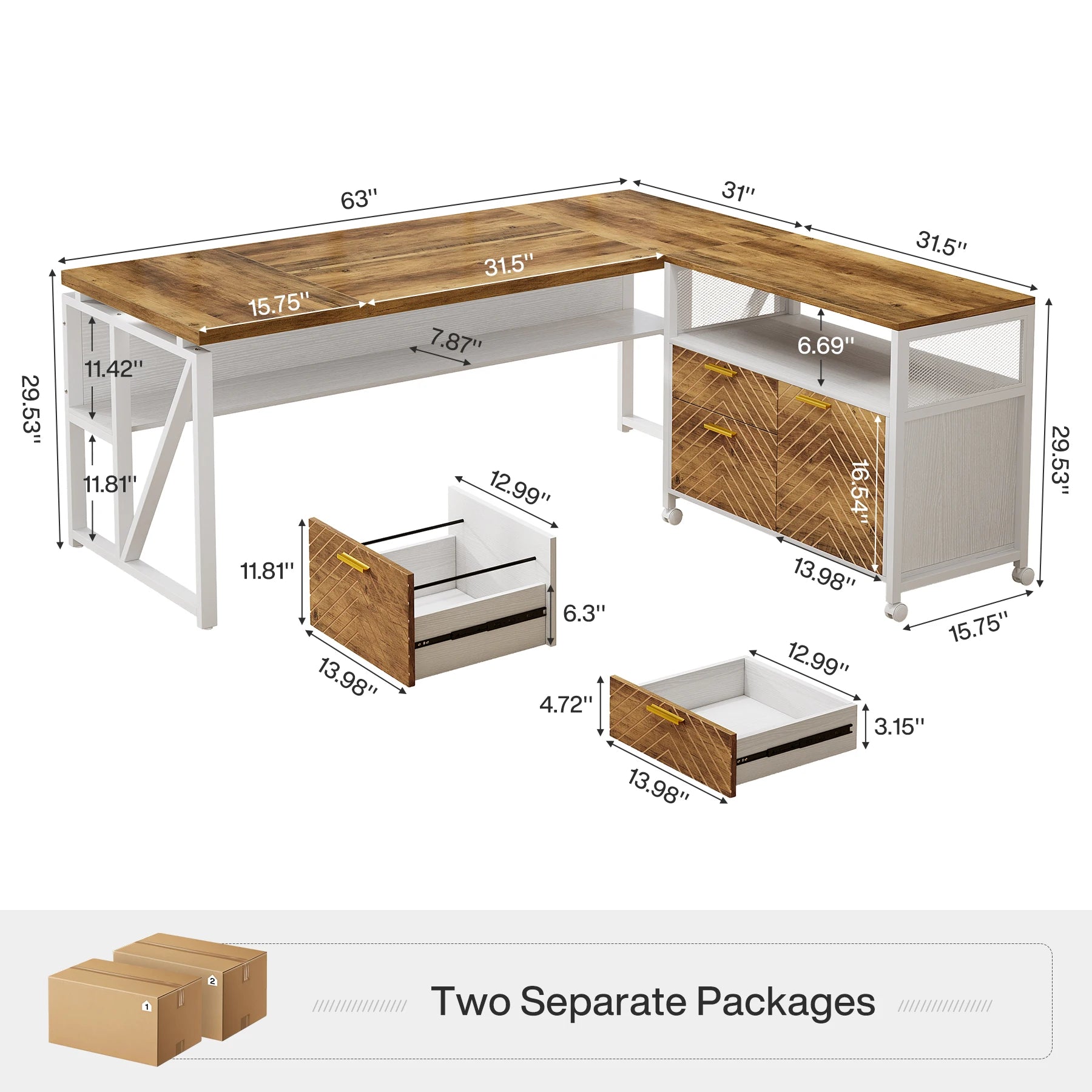 63-Inch L-Shaped Executive Desk with File Cabinet – Modern Home Office Furniture Set