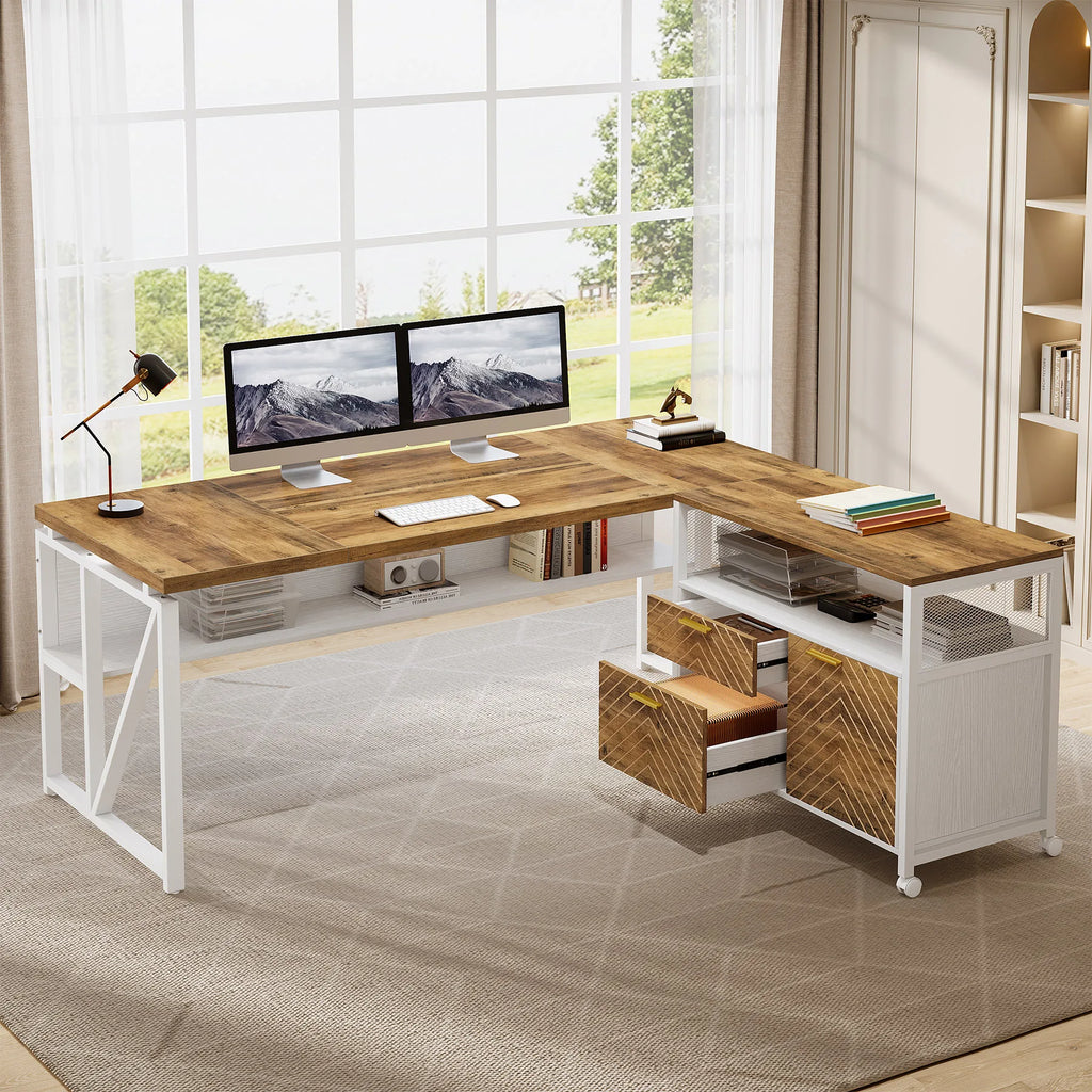 63-Inch L-Shaped Executive Desk with File Cabinet – Modern Home Office Furniture Set