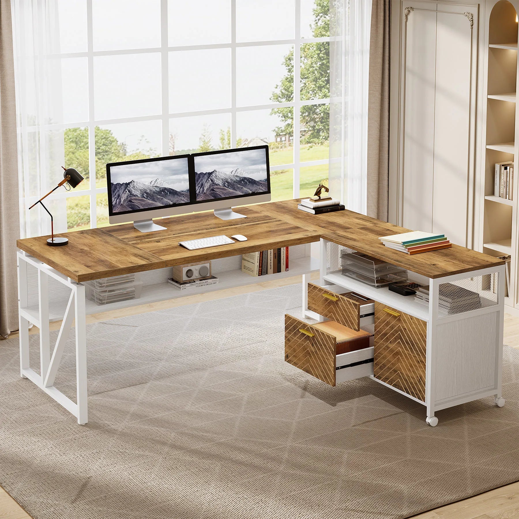 63-Inch L-Shaped Executive Desk with File Cabinet – Modern Home Office Furniture Set