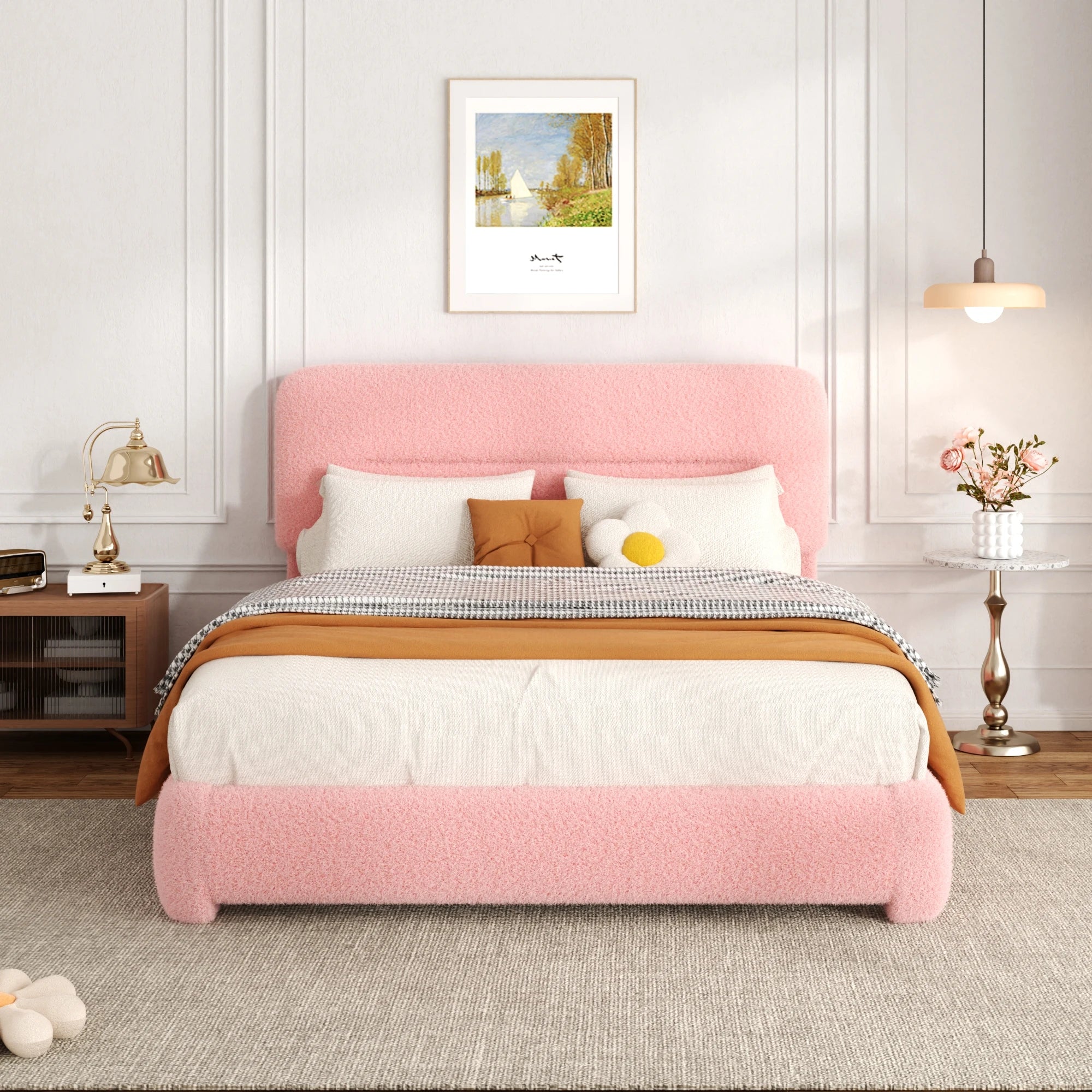 Modern Boucle Platform Bed Frame – Luxury Upholstered Low Profile Bed with Headboard
