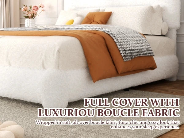 Modern Boucle Platform Bed Frame – Luxury Upholstered Low Profile Bed with Headboard