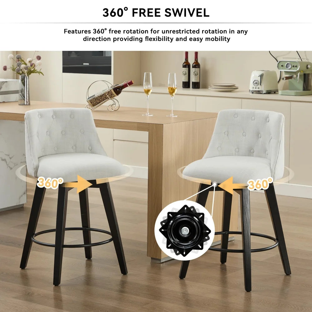 Modern Style Bar Stool Set of 2 with Black Wood Legs – Upholstered Linen Dining Chairs