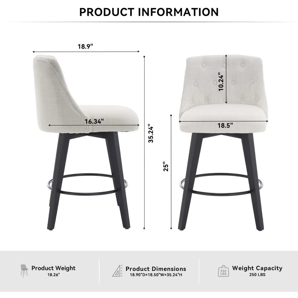 Modern Style Bar Stool Set of 2 with Black Wood Legs – Upholstered Linen Dining Chairs