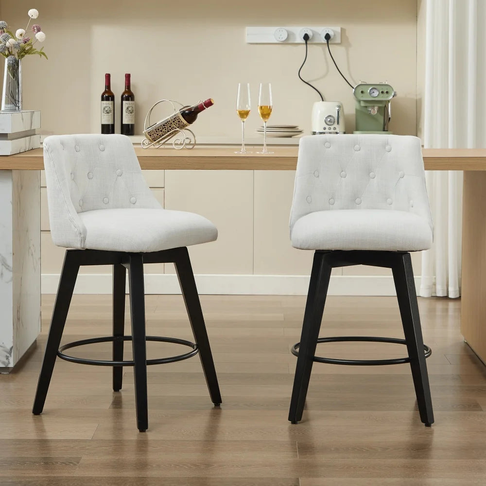 Modern Style Bar Stool Set of 2 with Black Wood Legs – Upholstered Linen Dining Chairs