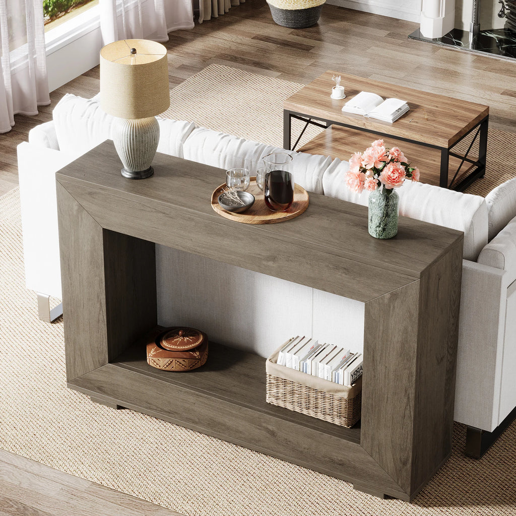 Rustic Industrial Horn Round Console Table with Storage – Handmade Entryway Sofa Table