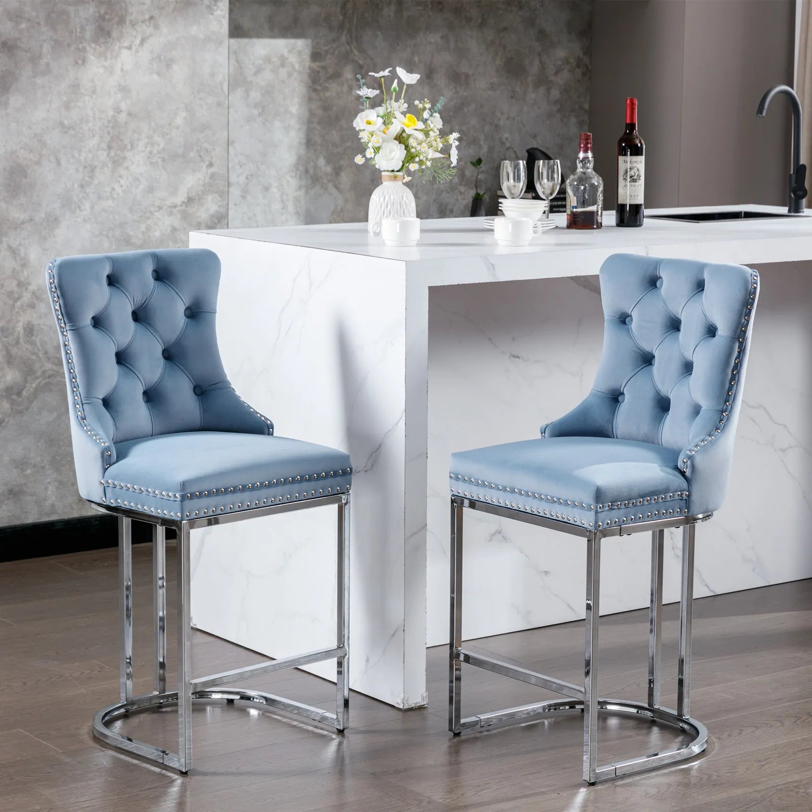 [USA Warehouse] Modern Velvet Counter Height Bar Stools Set of 2 Home Furniture Domestic US Shipping MOQ:1 Set