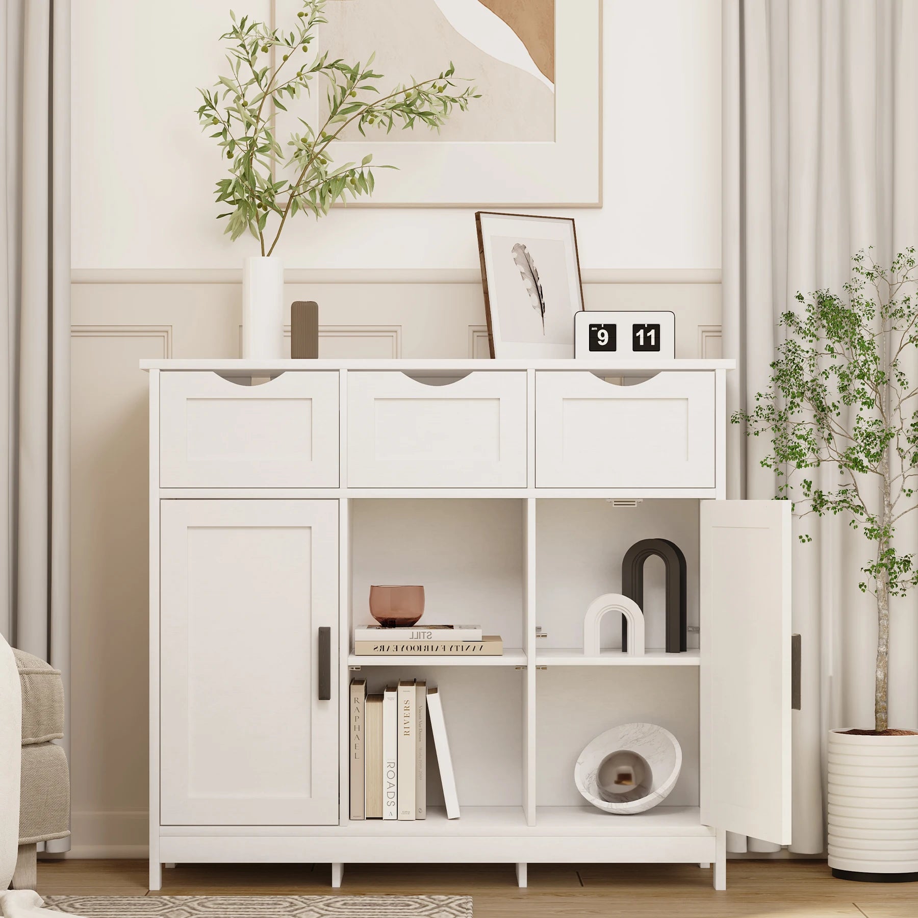 Modern Storage Cabinet with Drawers & Adjustable Shelves – Multi-Purpose Sideboard Organizer