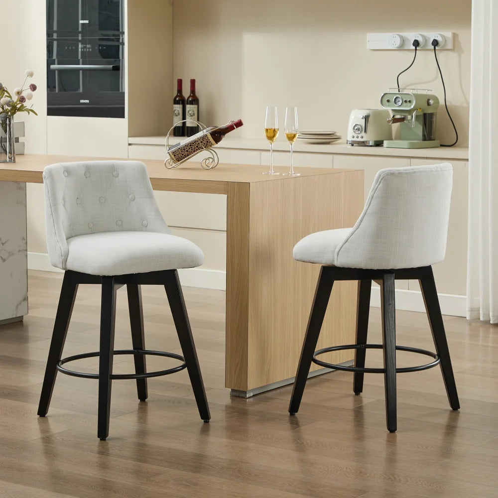 Modern Style Bar Stool Set of 2 with Black Wood Legs – Upholstered Linen Dining Chairs
