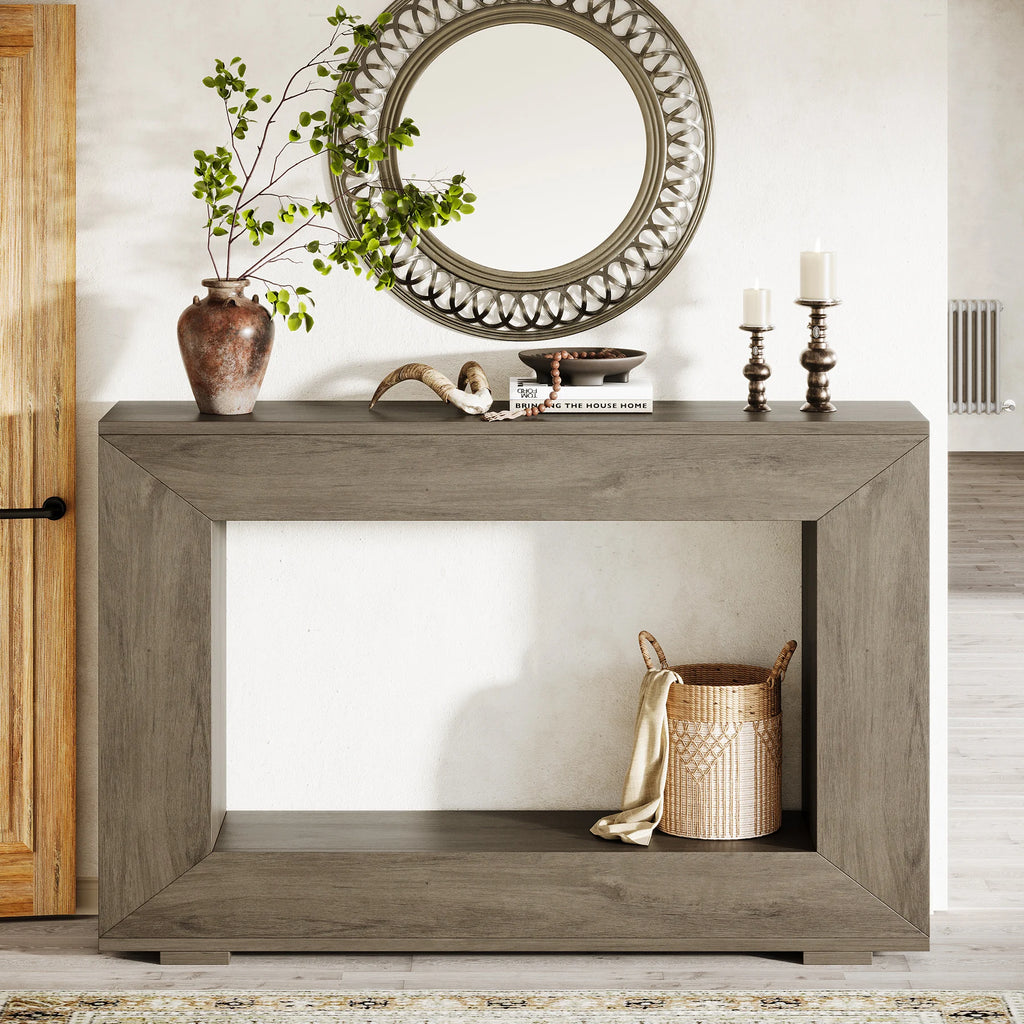 Rustic Industrial Horn Round Console Table with Storage – Handmade Entryway Sofa Table