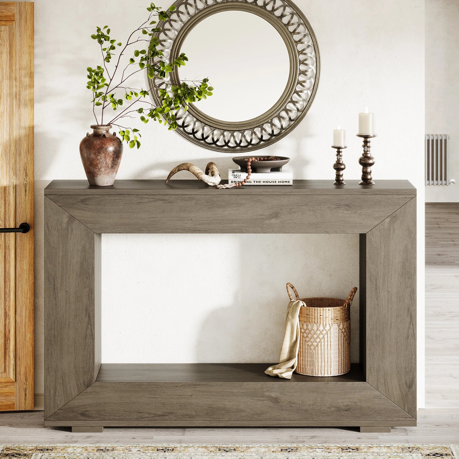 Rustic Industrial Horn Round Console Table with Storage – Handmade Entryway Sofa Table