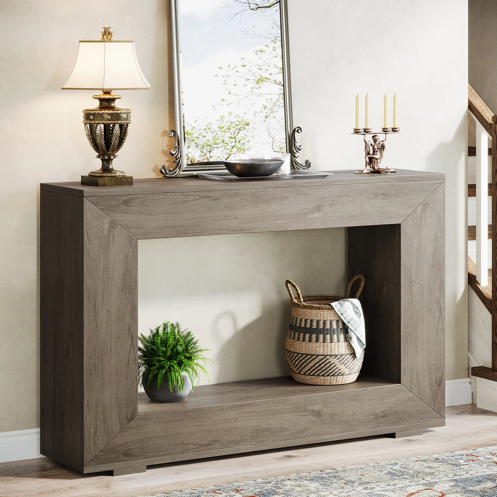 Rustic Industrial Horn Round Console Table with Storage – Handmade Entryway Sofa Table