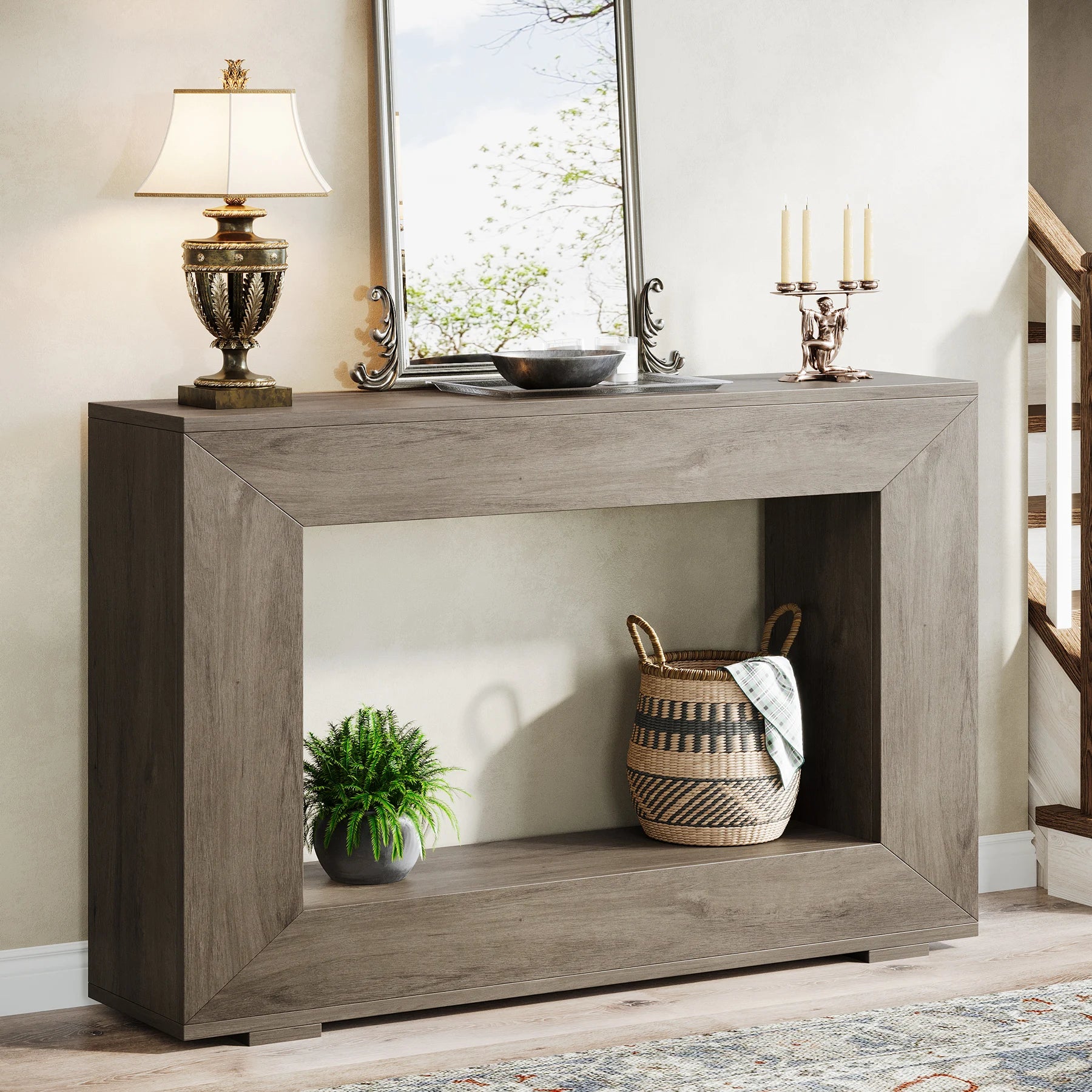 Rustic Industrial Horn Round Console Table with Storage – Handmade Entryway Sofa Table