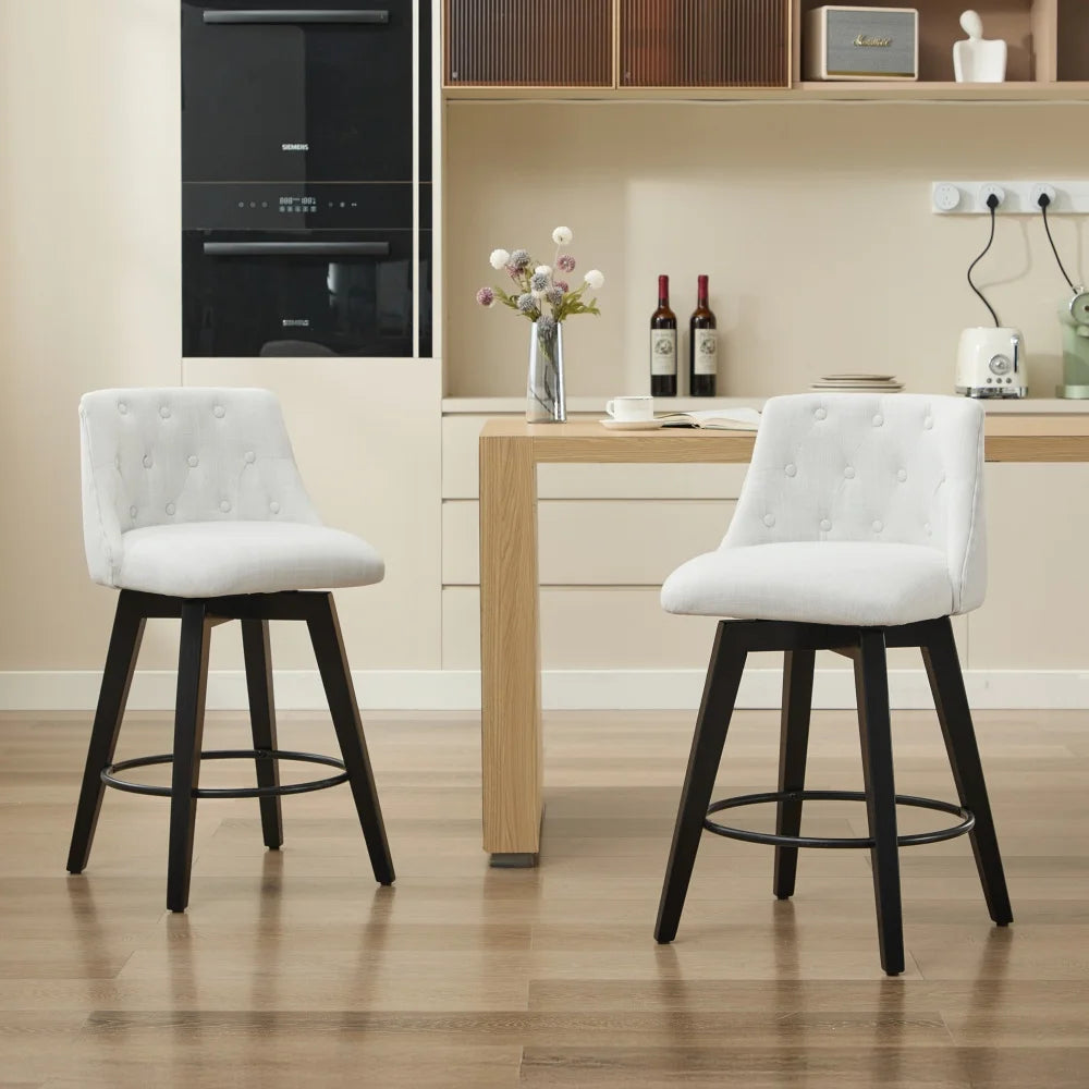 Modern Style Bar Stool Set of 2 with Black Wood Legs – Upholstered Linen Dining Chairs